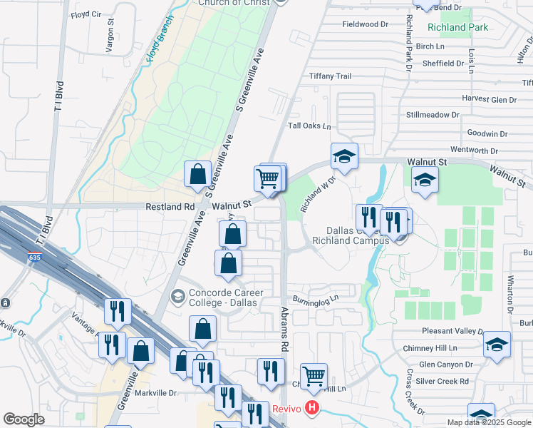 map of restaurants, bars, coffee shops, grocery stores, and more near 9220 Firelog Lane in Dallas