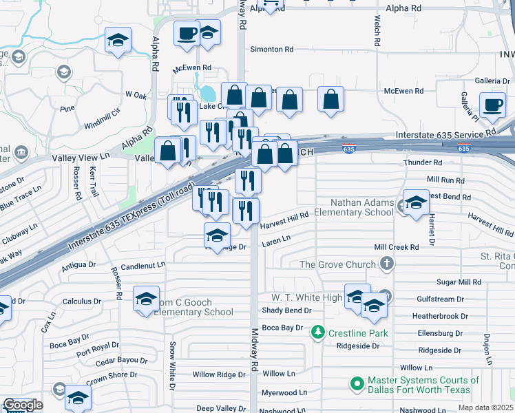 map of restaurants, bars, coffee shops, grocery stores, and more near 12755 Midway Road in Dallas