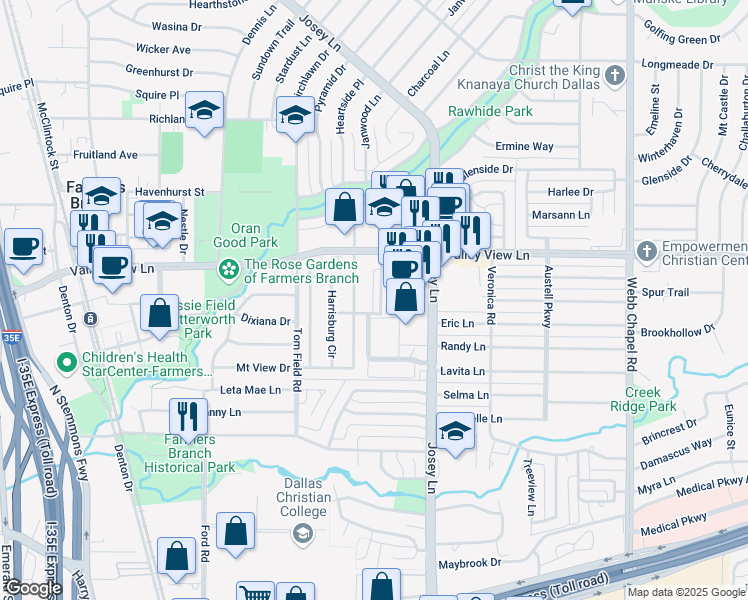 map of restaurants, bars, coffee shops, grocery stores, and more near 2802 Escada Drive in Dallas