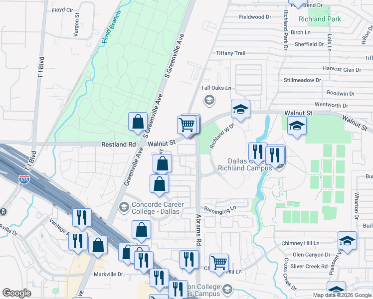 map of restaurants, bars, coffee shops, grocery stores, and more near 9220 Firelog Lane in Dallas