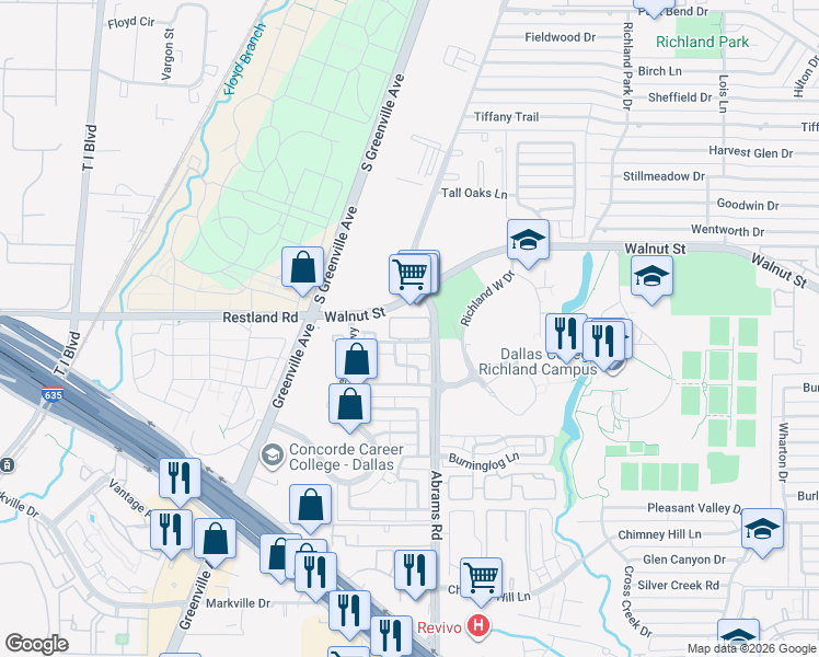map of restaurants, bars, coffee shops, grocery stores, and more near 9220 Firelog Lane in Dallas