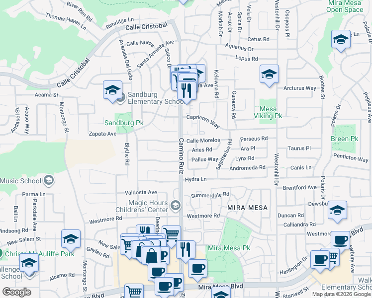 map of restaurants, bars, coffee shops, grocery stores, and more near 11096 Virgo Place in San Diego