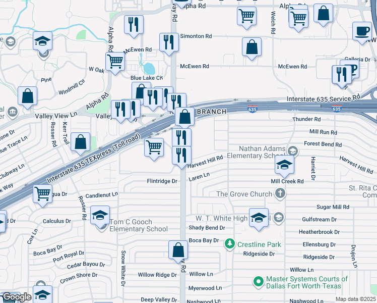 map of restaurants, bars, coffee shops, grocery stores, and more near 12802 Midway Road in Dallas