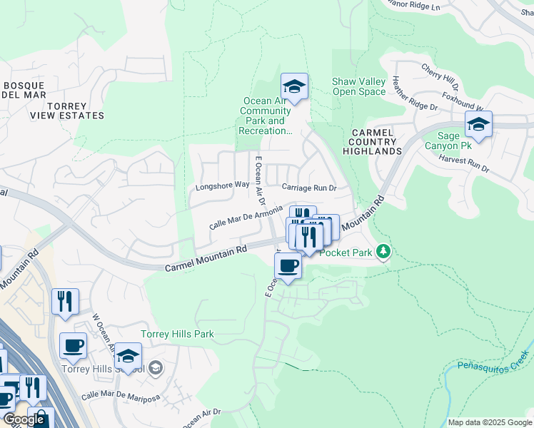 map of restaurants, bars, coffee shops, grocery stores, and more near East Ocean Air Drive & Calle Mar De Armonia in San Diego