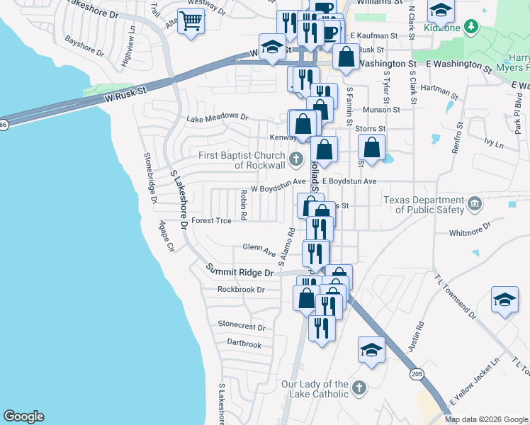map of restaurants, bars, coffee shops, grocery stores, and more near 705 Ridgeview Drive in Rockwall