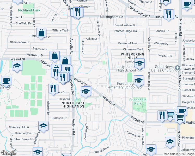 map of restaurants, bars, coffee shops, grocery stores, and more near 9829 Walnut Street in Dallas