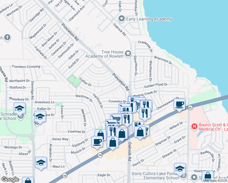 map of restaurants, bars, coffee shops, grocery stores, and more near 8302 Bristol Court in Rowlett