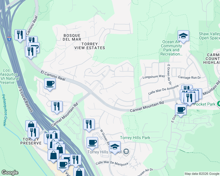 map of restaurants, bars, coffee shops, grocery stores, and more near 11287 Carmel Creek Road in San Diego