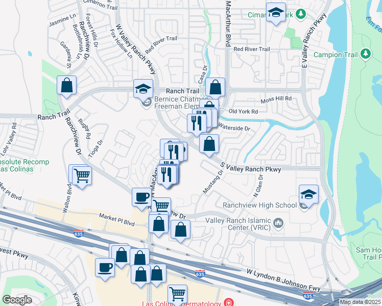 map of restaurants, bars, coffee shops, grocery stores, and more near 8500 North MacArthur Boulevard in Irving
