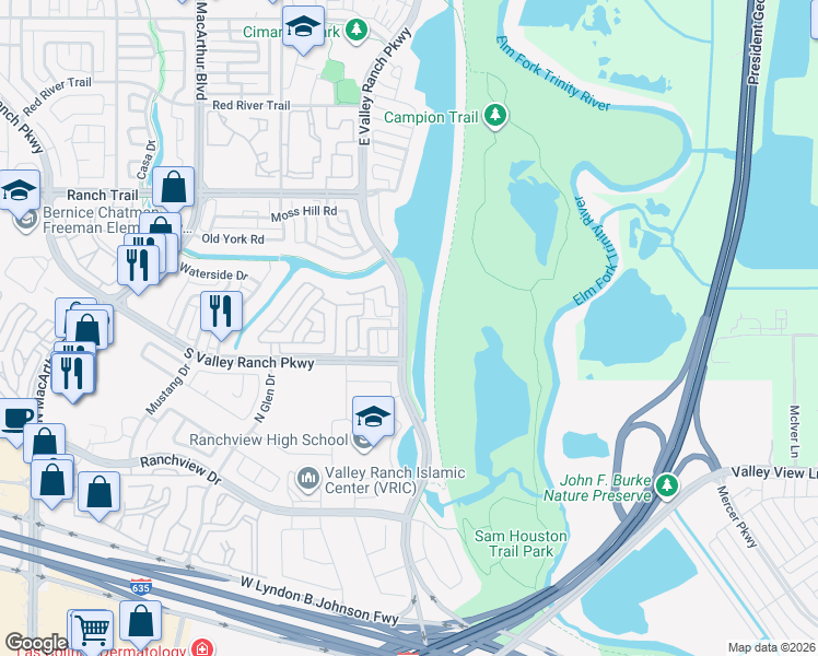 map of restaurants, bars, coffee shops, grocery stores, and more near 8600 Valley Ranch Parkway East in Irving