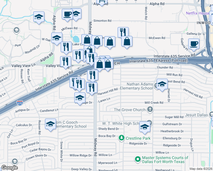 map of restaurants, bars, coffee shops, grocery stores, and more near 4230 Lyndon B Johnson Freeway in Dallas