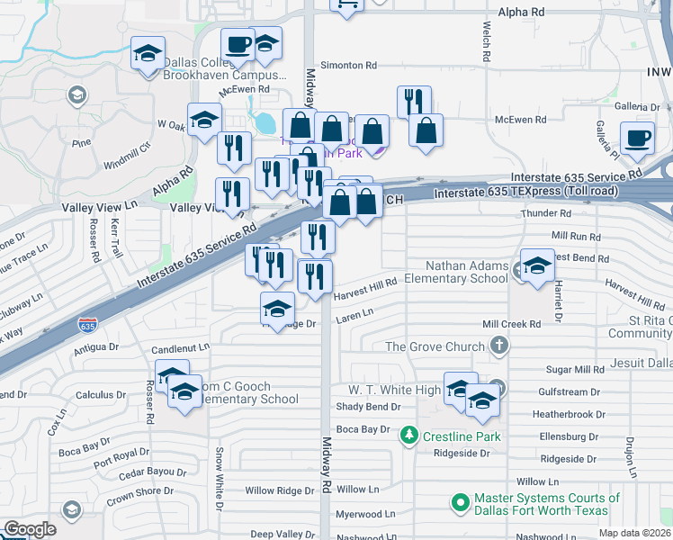 map of restaurants, bars, coffee shops, grocery stores, and more near 12802 Midway Road in Dallas