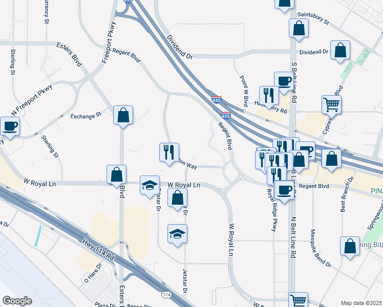 map of restaurants, bars, coffee shops, grocery stores, and more near 4010 Regent Boulevard in Irving