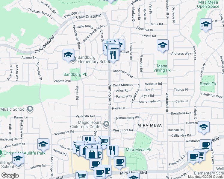 map of restaurants, bars, coffee shops, grocery stores, and more near 11096 Virgo Place in San Diego