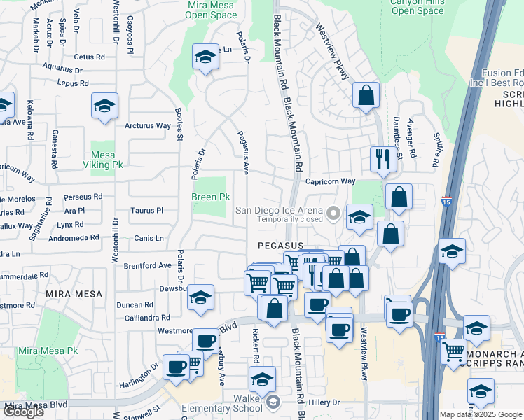 map of restaurants, bars, coffee shops, grocery stores, and more near 9248 Laurelhurst Court in San Diego