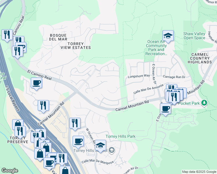 map of restaurants, bars, coffee shops, grocery stores, and more near 11393 Carmel Creek Road in San Diego