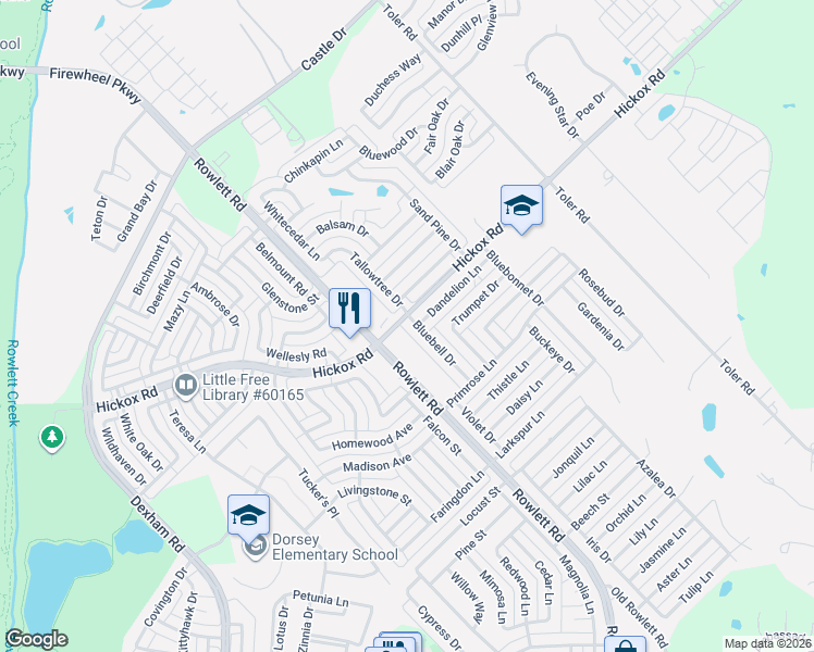 map of restaurants, bars, coffee shops, grocery stores, and more near 2510 Hickox Road in Rowlett
