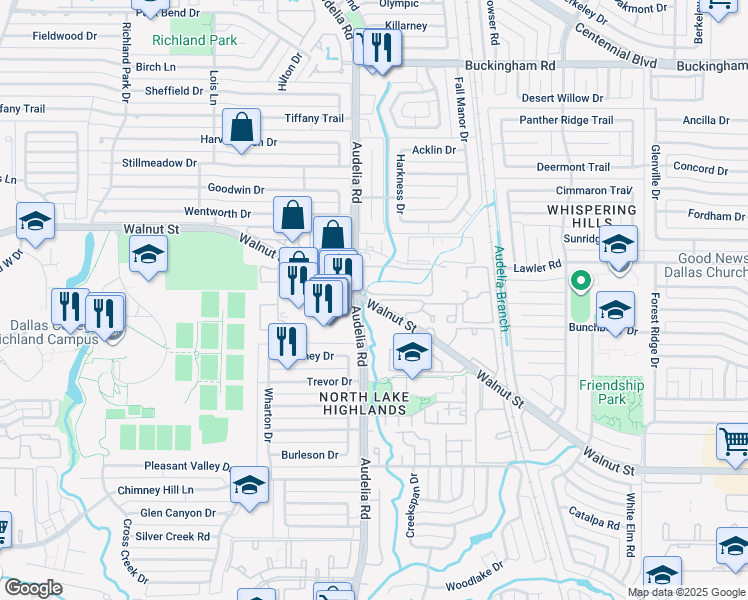 map of restaurants, bars, coffee shops, grocery stores, and more near 12920 Audelia Road in Dallas