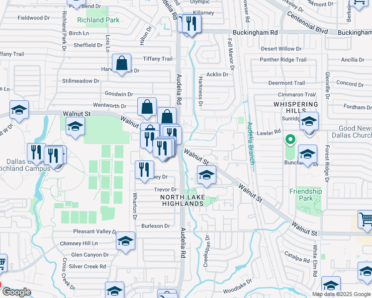 map of restaurants, bars, coffee shops, grocery stores, and more near 12920 Audelia Road in Dallas