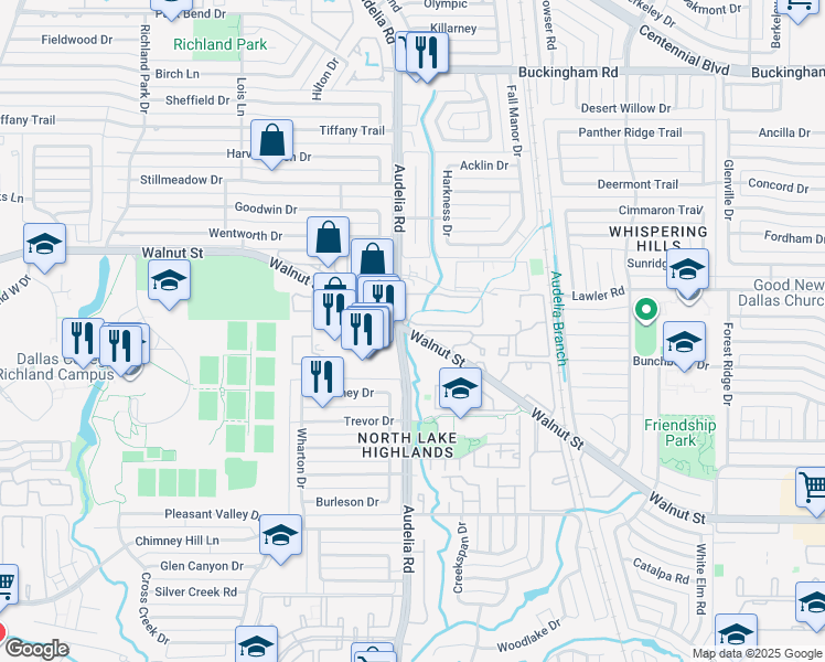 map of restaurants, bars, coffee shops, grocery stores, and more near 12920 Audelia Road in Dallas