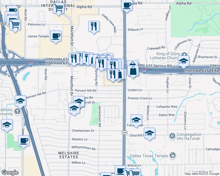 map of restaurants, bars, coffee shops, grocery stores, and more near 12817 Preston Road in Dallas