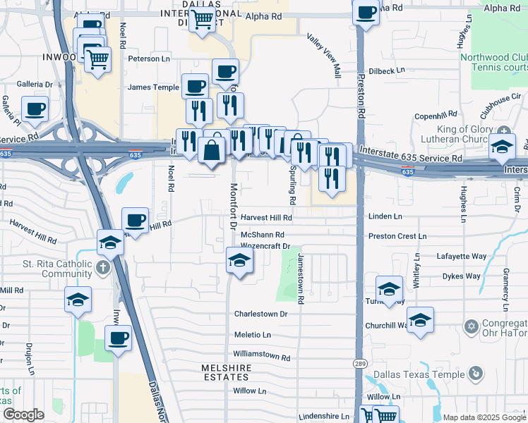map of restaurants, bars, coffee shops, grocery stores, and more near 12888 Montfort Drive in Dallas