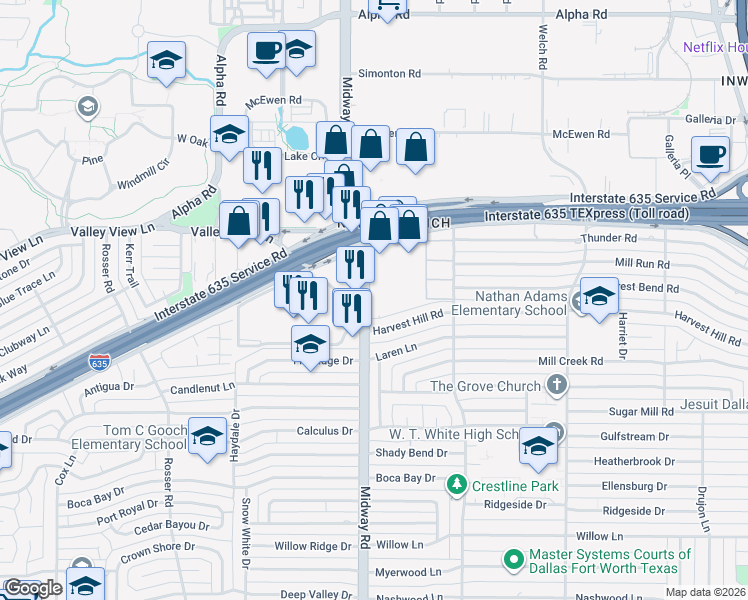 map of restaurants, bars, coffee shops, grocery stores, and more near 12801 Midway Road in Dallas