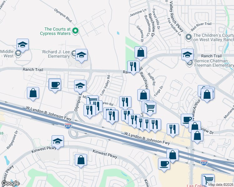 map of restaurants, bars, coffee shops, grocery stores, and more near 12 Loma Linda Drive in Irving