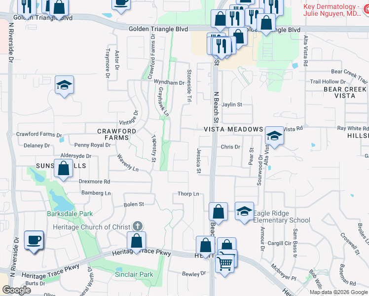 map of restaurants, bars, coffee shops, grocery stores, and more near 4333 Finch Lane in Fort Worth