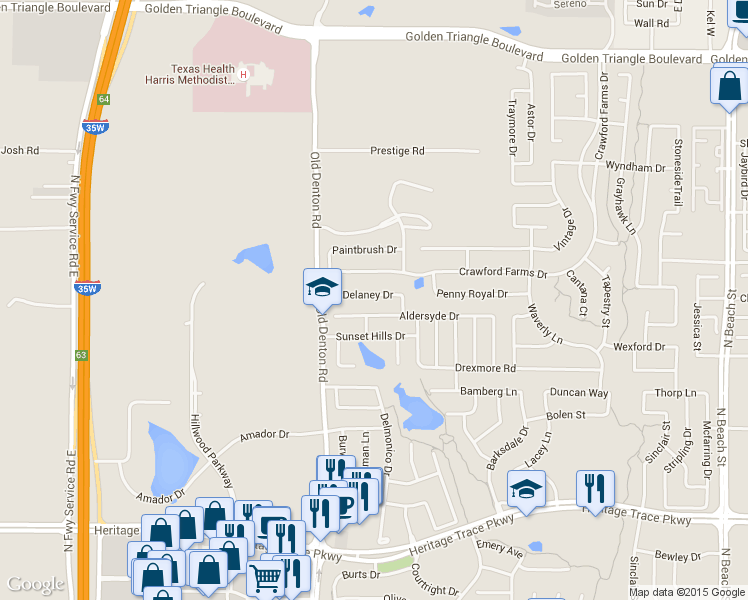 map of restaurants, bars, coffee shops, grocery stores, and more near 9900 Crawford Farms Drive in Fort Worth