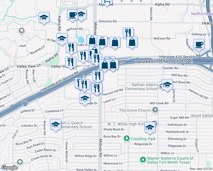 map of restaurants, bars, coffee shops, grocery stores, and more near 4230 Lyndon B Johnson Freeway in Dallas