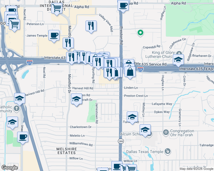 map of restaurants, bars, coffee shops, grocery stores, and more near 12817 Preston Road in Dallas