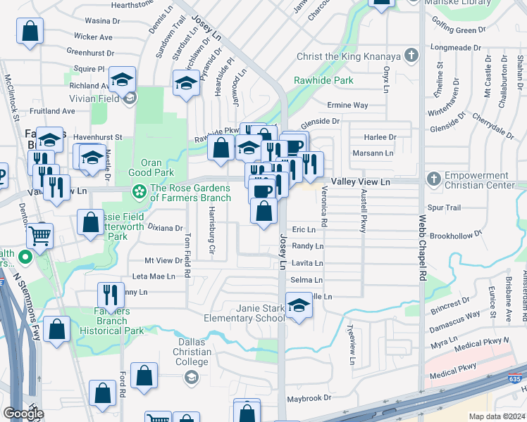map of restaurants, bars, coffee shops, grocery stores, and more near 12895 Josey Lane in Farmers Branch