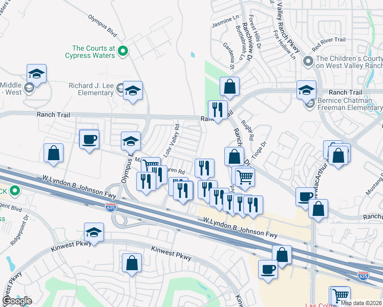 map of restaurants, bars, coffee shops, grocery stores, and more near 1912 Lantana Lane in Irving