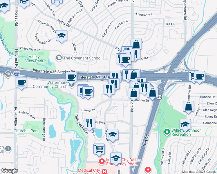 map of restaurants, bars, coffee shops, grocery stores, and more near 12777 Merit Drive in Dallas