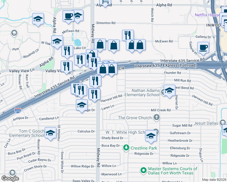 map of restaurants, bars, coffee shops, grocery stores, and more near 4304 Forest Bend Road in Dallas