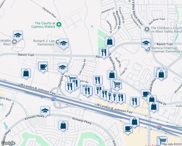 map of restaurants, bars, coffee shops, grocery stores, and more near 12 Loma Linda Drive in Irving