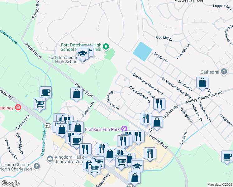 map of restaurants, bars, coffee shops, grocery stores, and more near 4724 Thoroughbred Drive in North Charleston