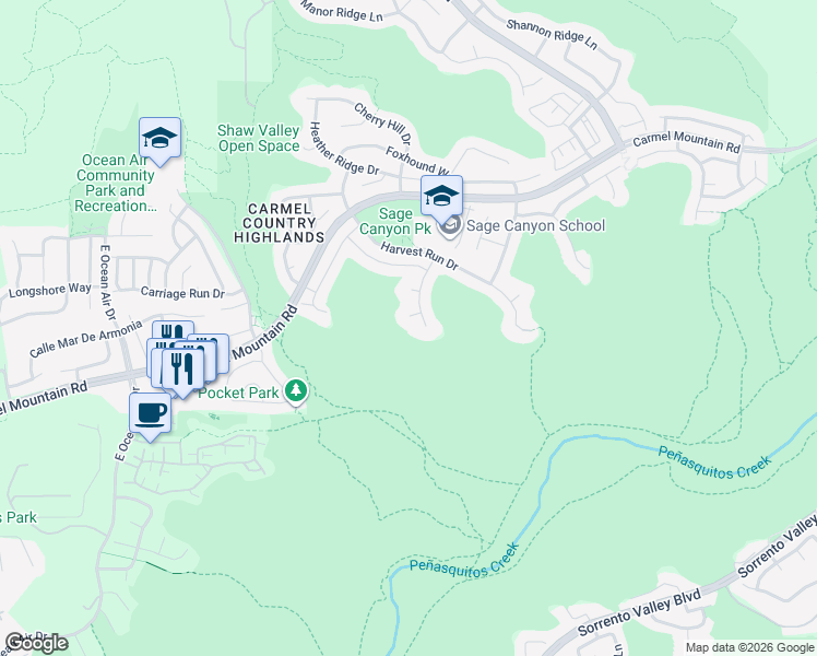 map of restaurants, bars, coffee shops, grocery stores, and more near 5264 Raven Hill Point in San Diego