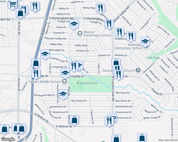 map of restaurants, bars, coffee shops, grocery stores, and more near 1006 Foxe Basin Drive in Garland