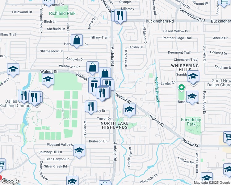 map of restaurants, bars, coffee shops, grocery stores, and more near 12920 Audelia Road in Dallas