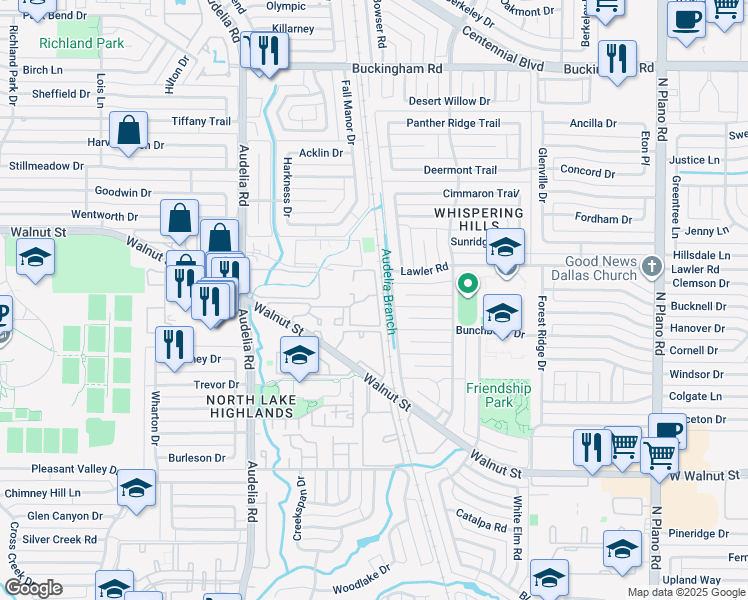 map of restaurants, bars, coffee shops, grocery stores, and more near 9811 Walnut Street in Dallas
