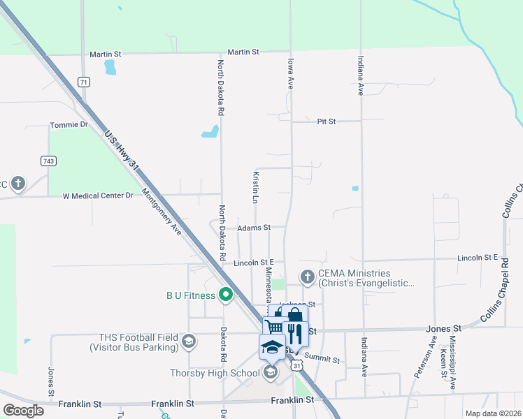 map of restaurants, bars, coffee shops, grocery stores, and more near 595 Iowa Avenue in Thorsby