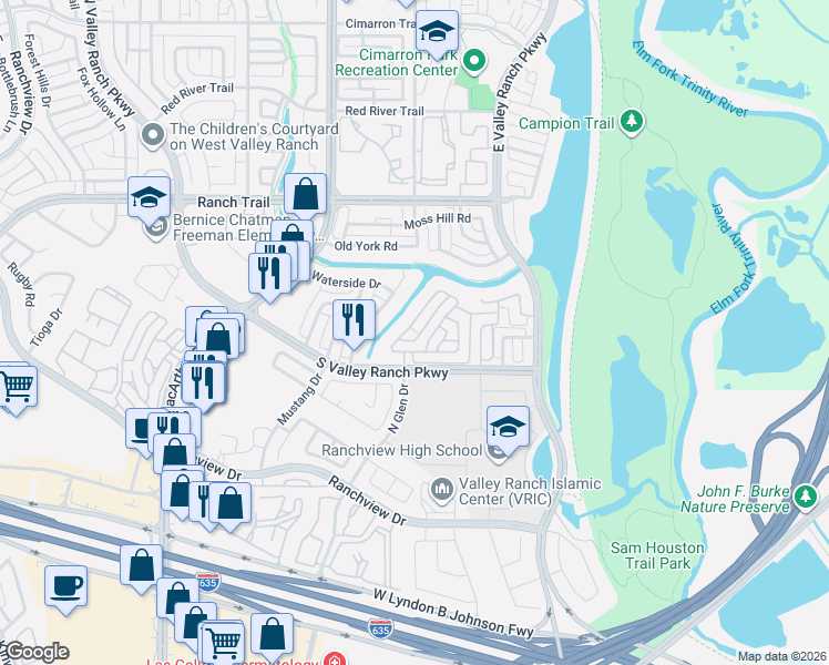map of restaurants, bars, coffee shops, grocery stores, and more near 8623 Forest Glen Drive in Irving