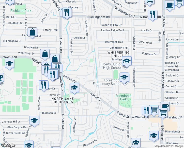 map of restaurants, bars, coffee shops, grocery stores, and more near 9839 Walnut Street in Dallas