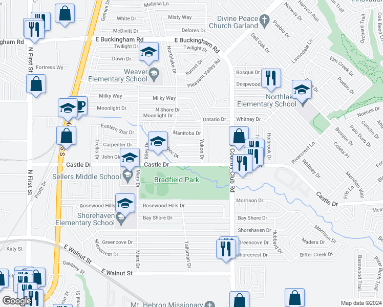 map of restaurants, bars, coffee shops, grocery stores, and more near 1101 Quebec Drive in Garland