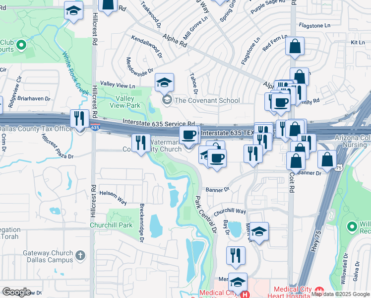 map of restaurants, bars, coffee shops, grocery stores, and more near 7300-7434 Interstate 635 Service Rd in Dallas