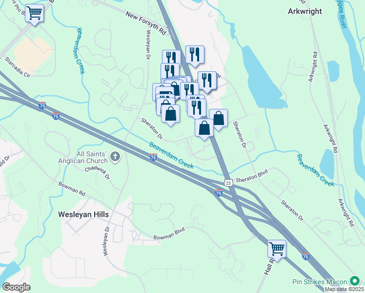 map of restaurants, bars, coffee shops, grocery stores, and more near 214 Sheraton Drive in Macon