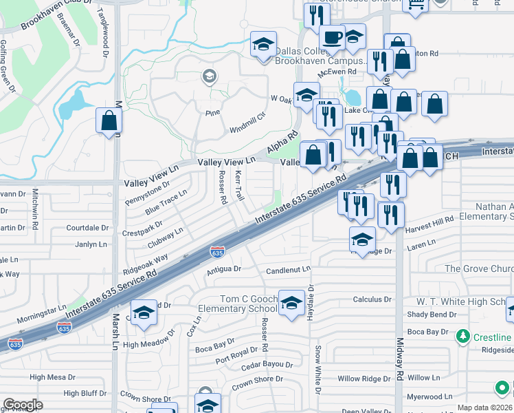 map of restaurants, bars, coffee shops, grocery stores, and more near 4006 Kerr Circle in Farmers Branch