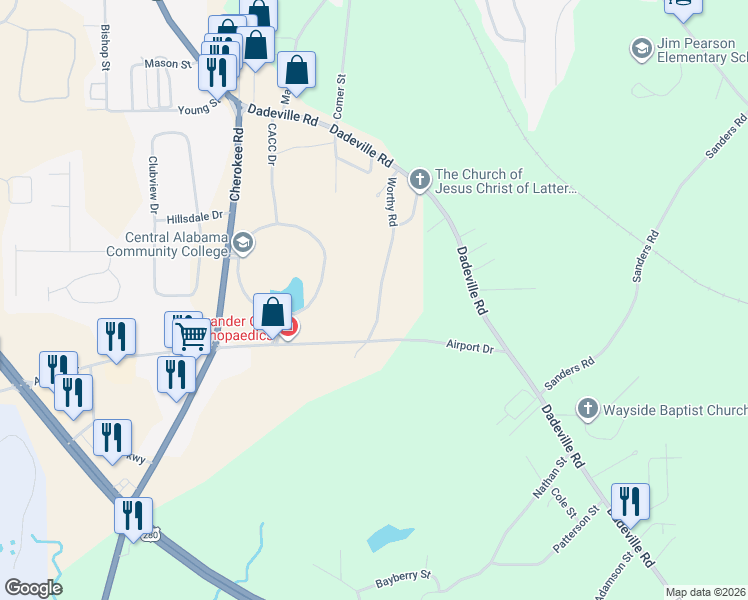 map of restaurants, bars, coffee shops, grocery stores, and more near 1693 Worthy Road in Alexander City